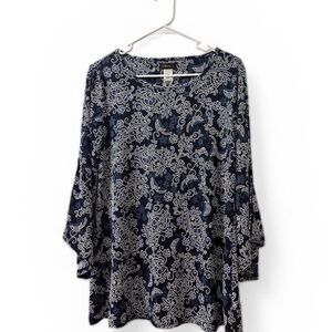 Cocomo Navy and White Paisley Blouse Flare Sleeve Size Medium